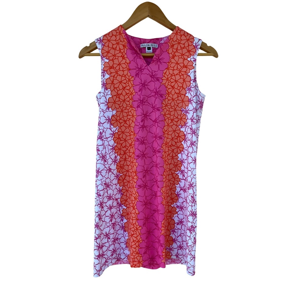 Rulon Reed Dress L Floral Sleeveless Pink Orange White Hawaiian